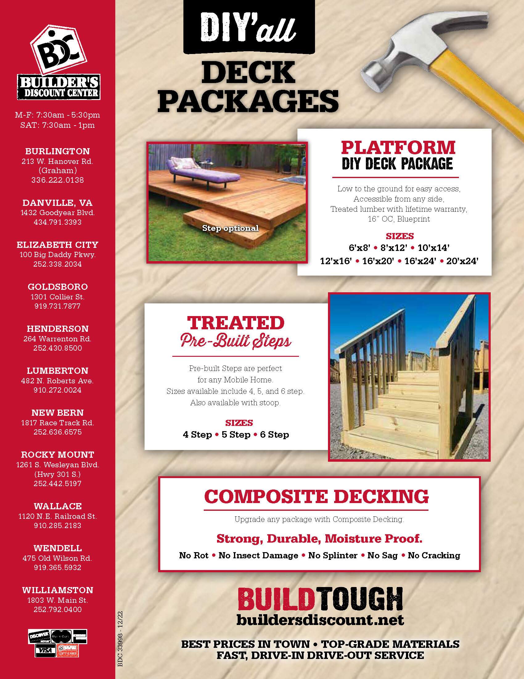 builders discount center deck packages flyer 2 one of a deck and one of lumber