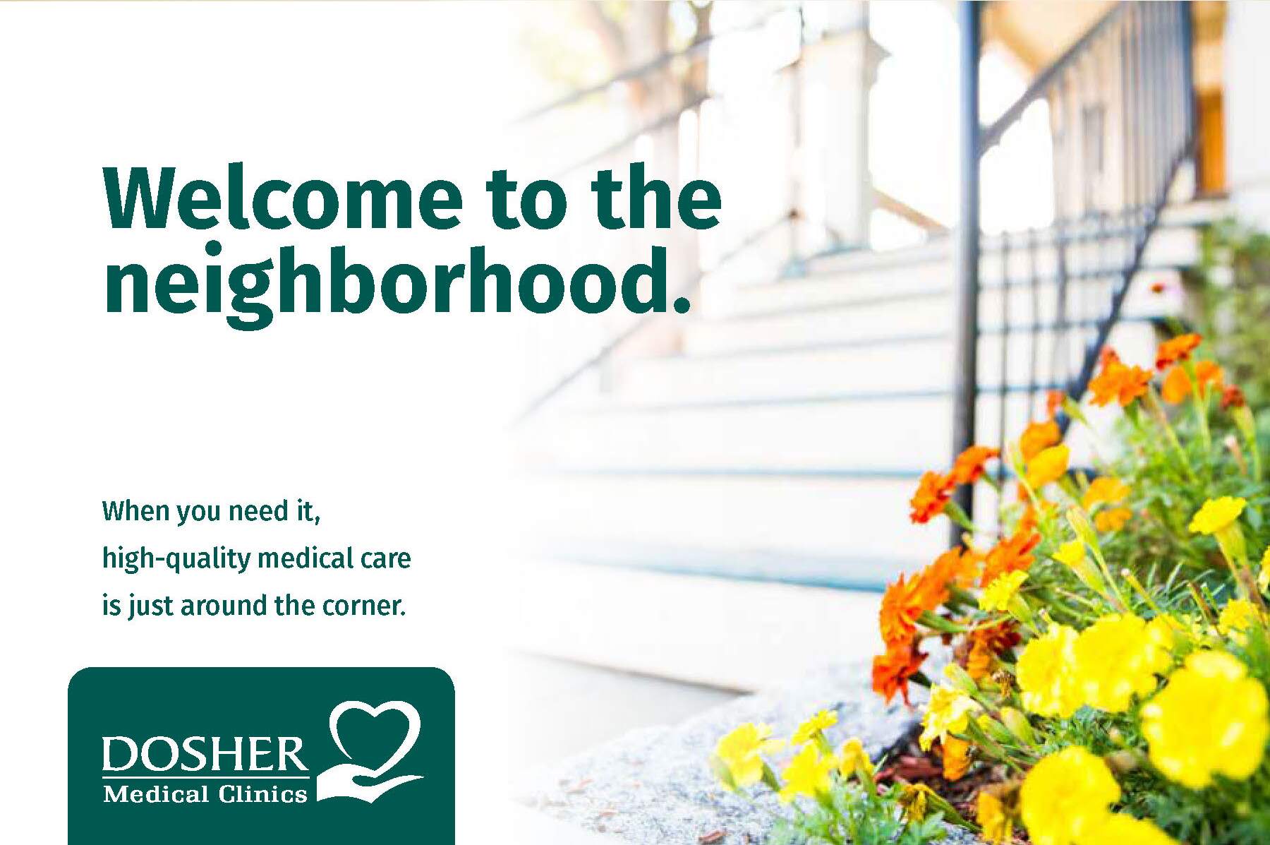 dosher hospital direct mail card with steps to the front of a house and flowers on the steps in pots