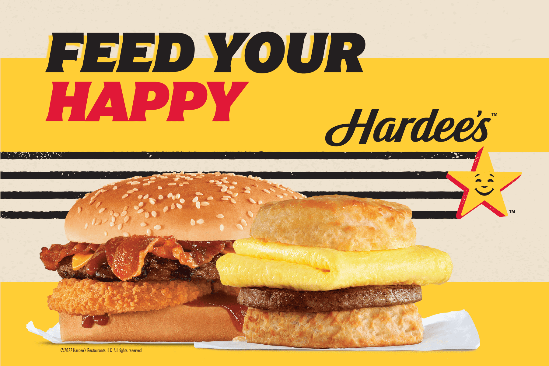 hardee's ad with a bbacon burger and a egg and sausage biscuit