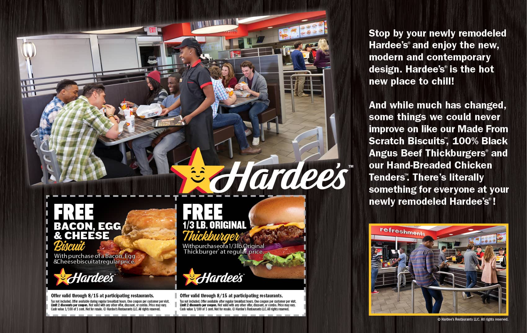 flyer with numerous pictures in a collage of people and hamburgers