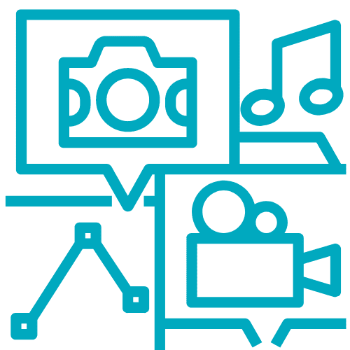 icon of camera, video camera and a music note for media buying options